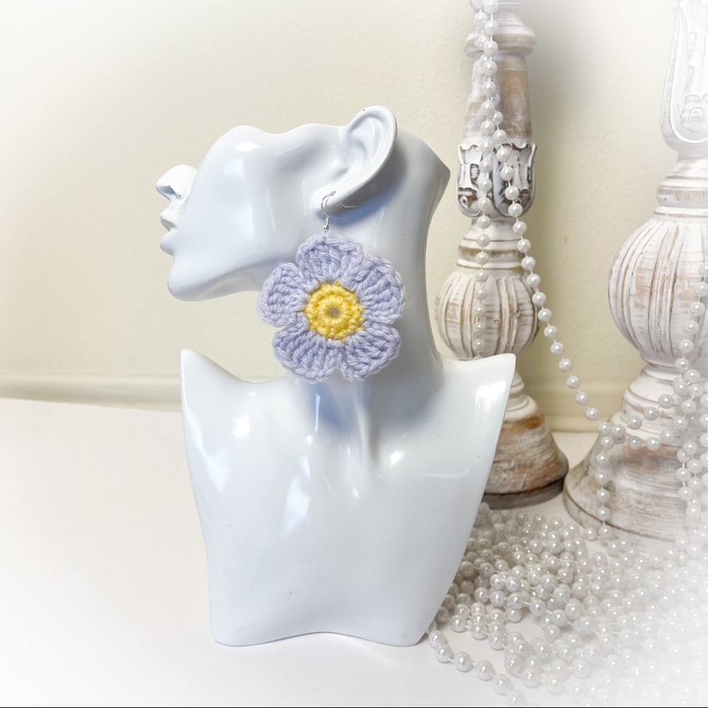 Handmade Boho Lilac Daisy Crochet Drop Earrings